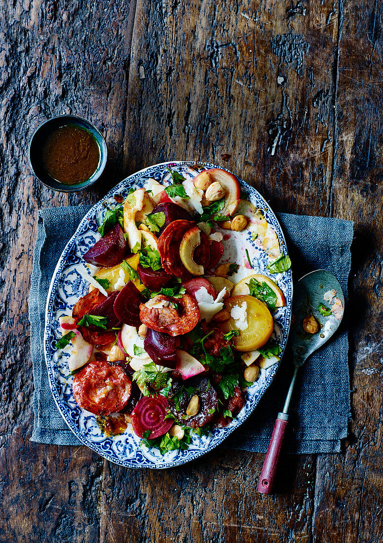 Warm beet, chorizo and pear salad