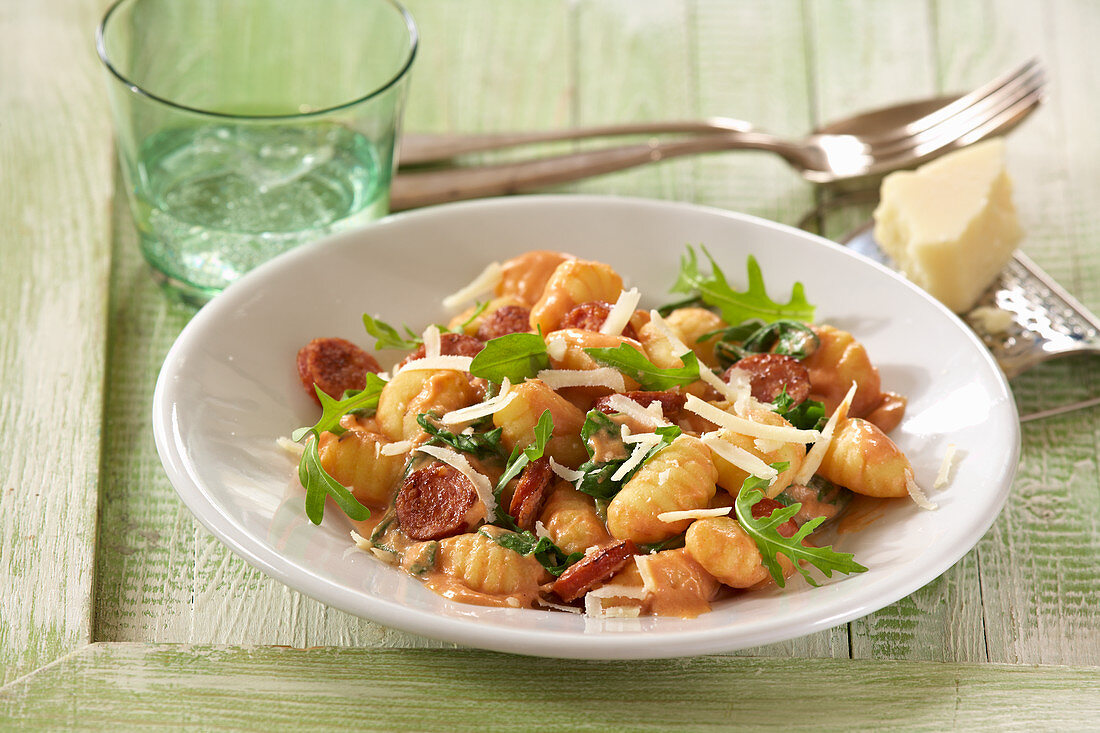 Gnocchi mit Rucola, Wurst und Parmesan