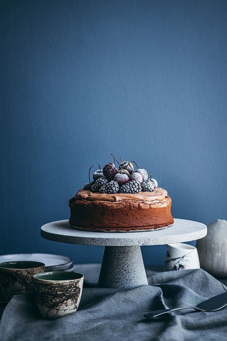 Kuchen mit Schokoladencreme und gefrorenen Beeren