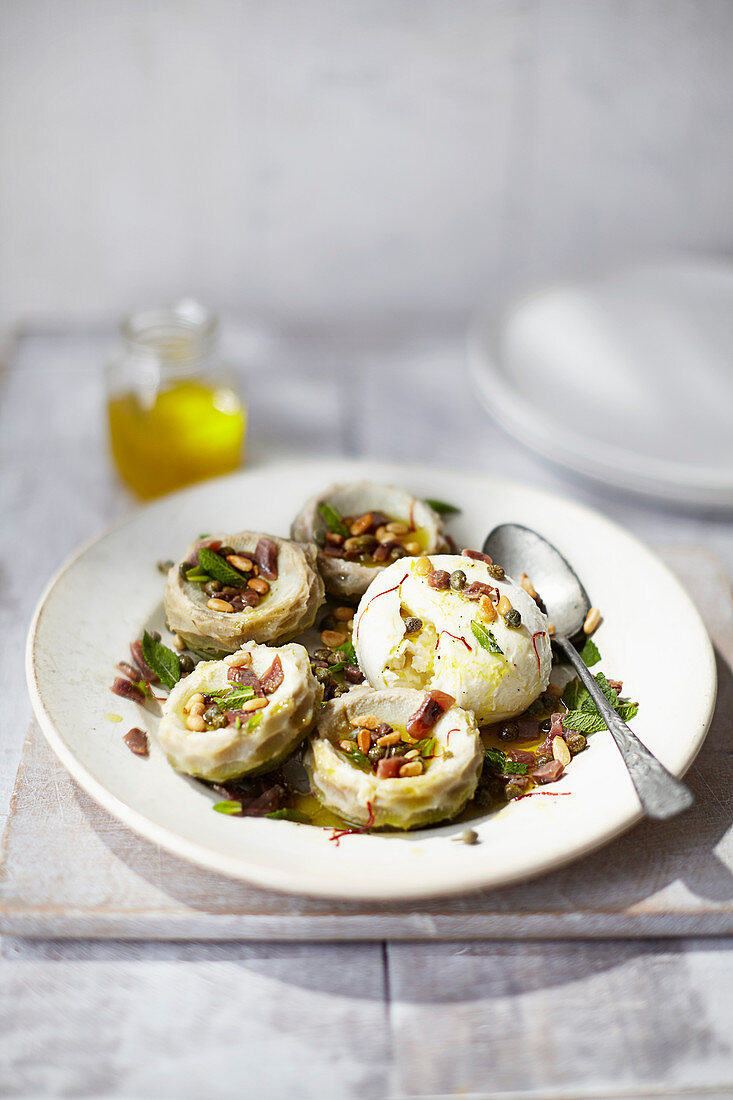 Sicilian-style artichoke hearts with burrata