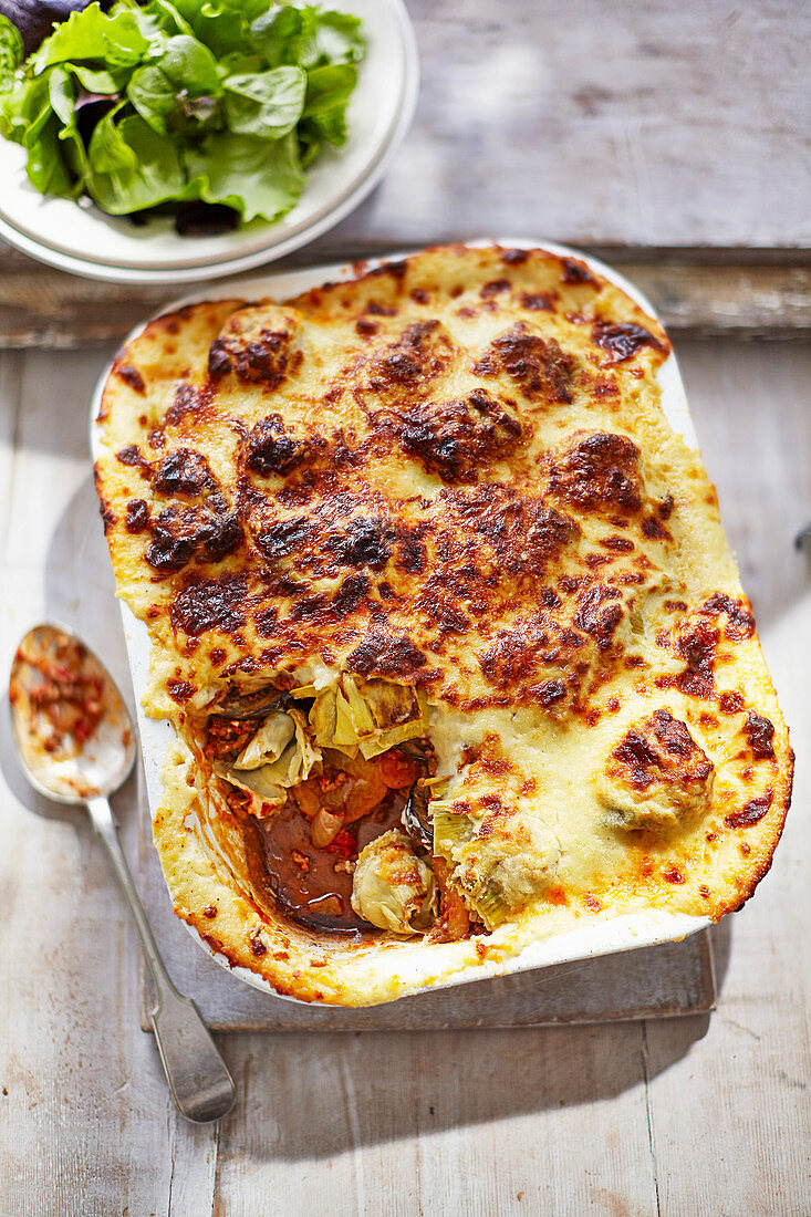 Artichoke, aubergine and lamb moussaka