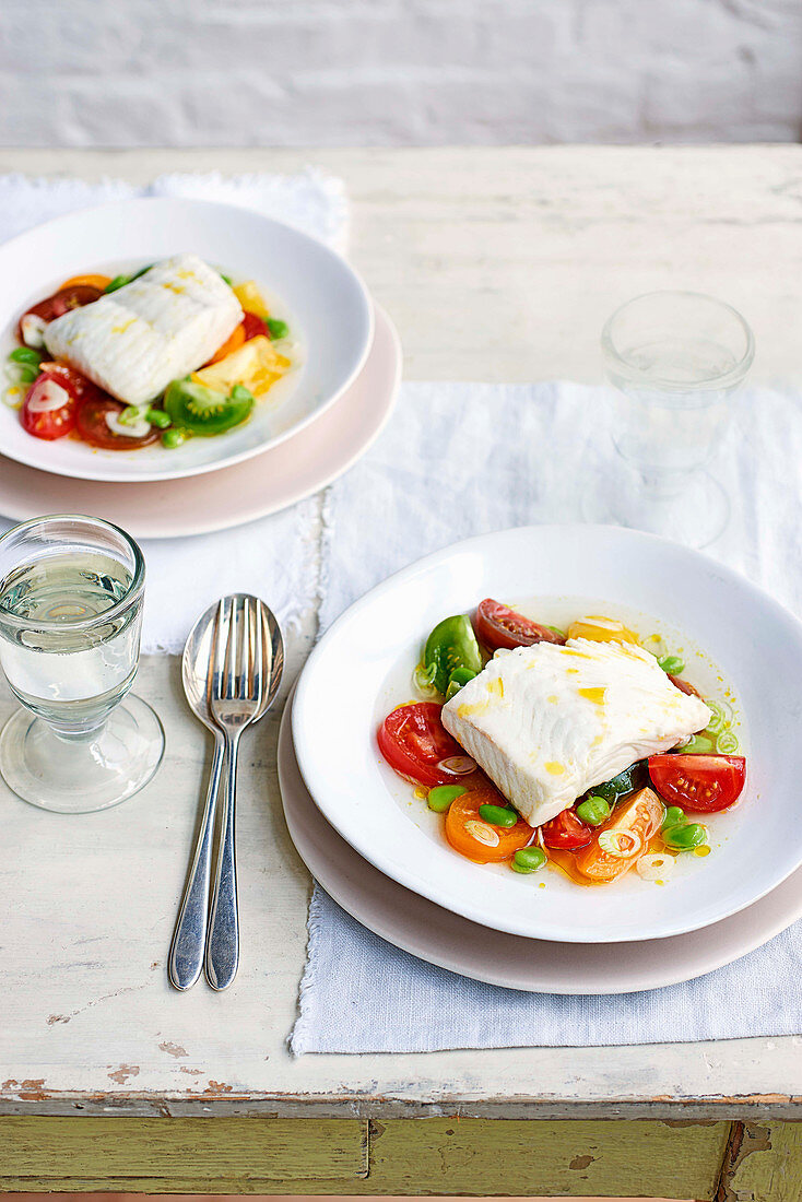 Poached halibut with heritage tomatoes