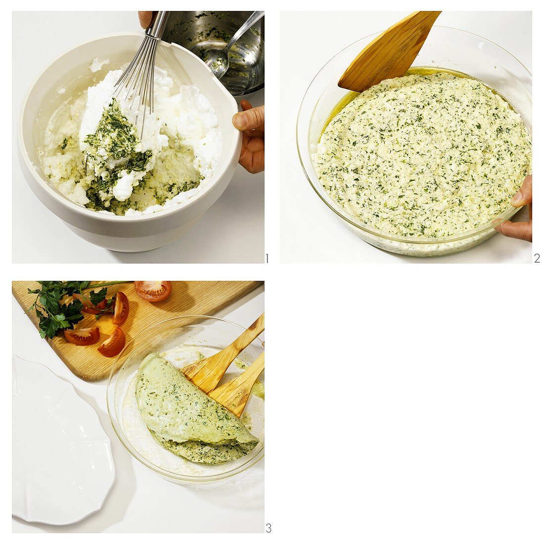 Making soufflé omelette with herbs
