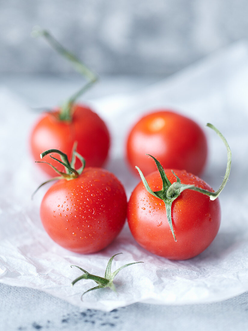 Frische Tomaten mit Wassertropfen auf Papier