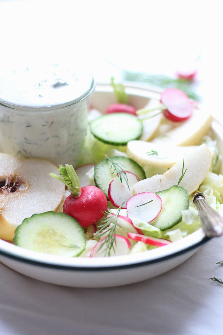 Vegetable salad with apple and yogurt dressing