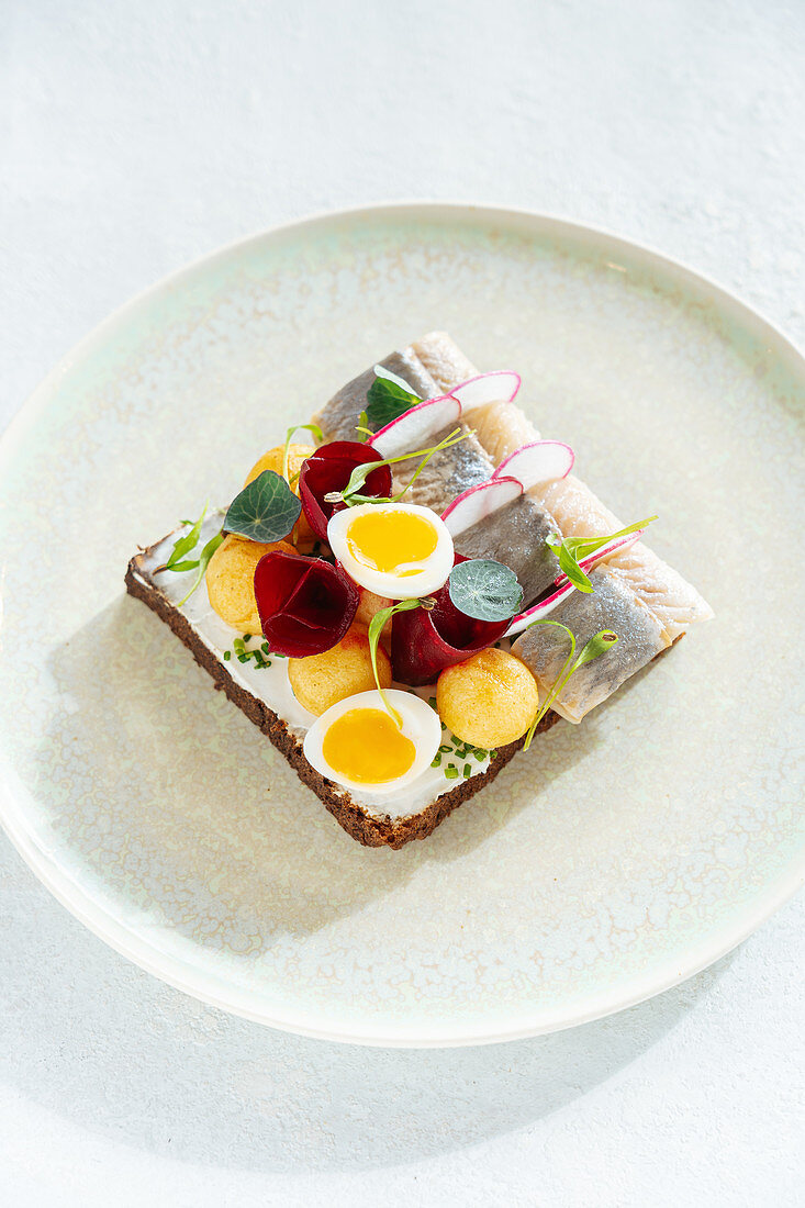 Fish sandwich with fresh vegetables and boiled quail eggs placed on plate