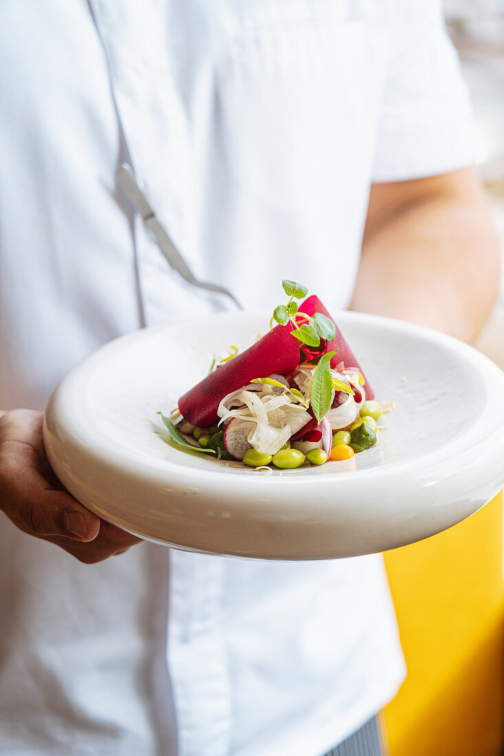 Person holding plate with small portion of palatable vegetable salad