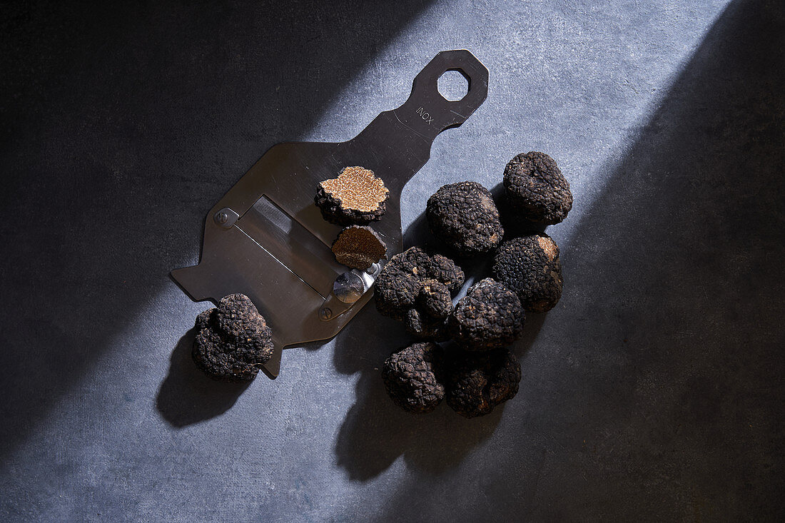 Black truffles placed near metal shaver on gray plaster surface
