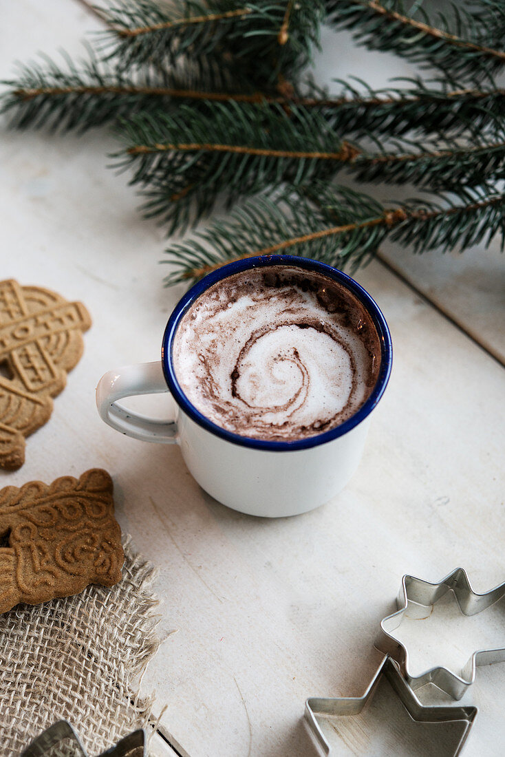 Cocoa in enamel mug, Spekulatius spiced biscuits and fir branch