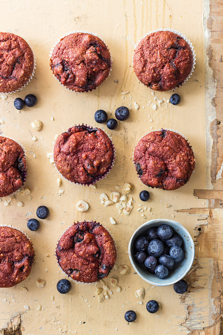 Beetroot muffins with hazelnuts and blueberries