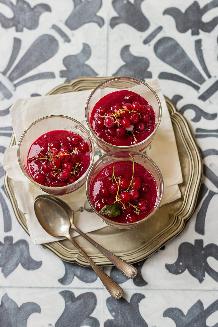 White chocolate panna cotta with redcurrant sauce