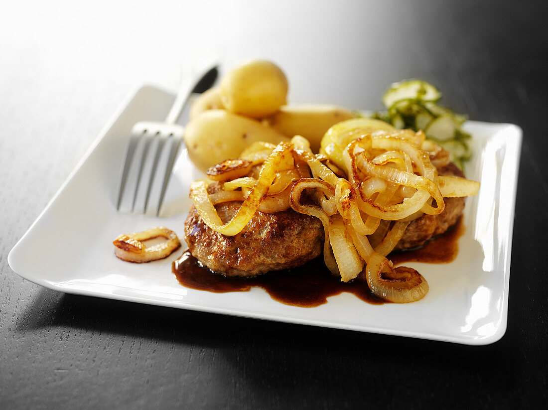 Swedish mince steaks with melted onions
