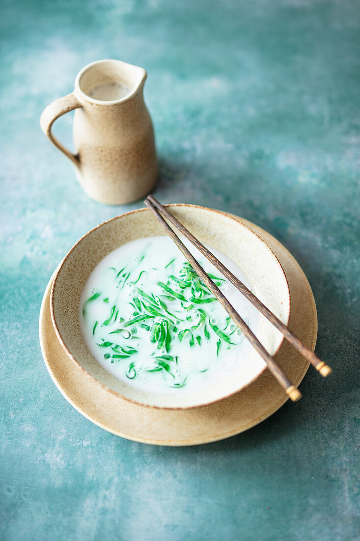 Lod Chong (dessert with green tapioca noodles in rice milk, Asia)