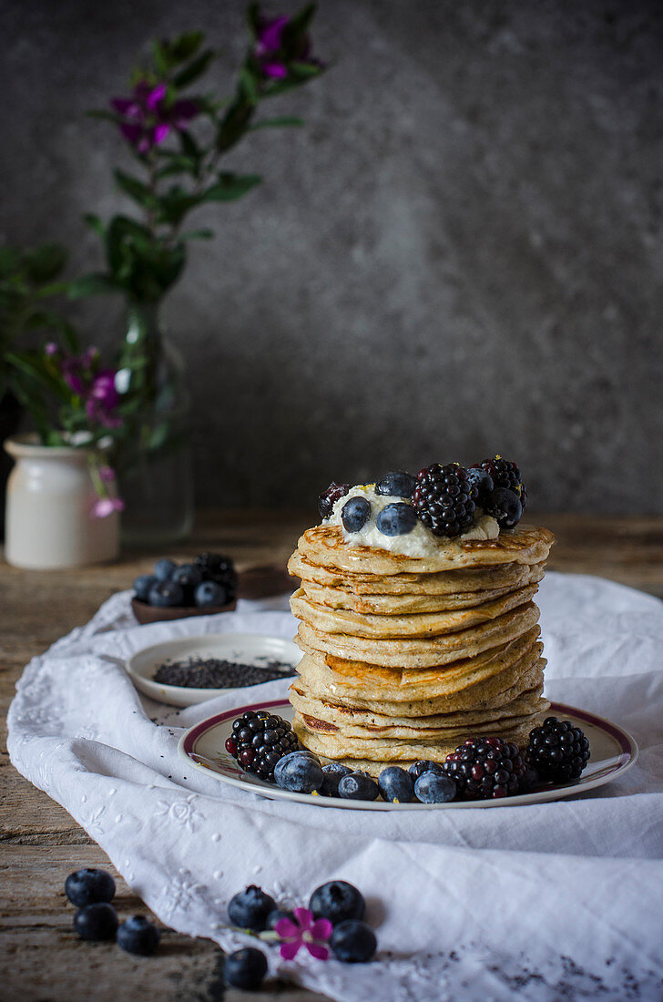 Lemon Pancakes with blackberries and blueberries