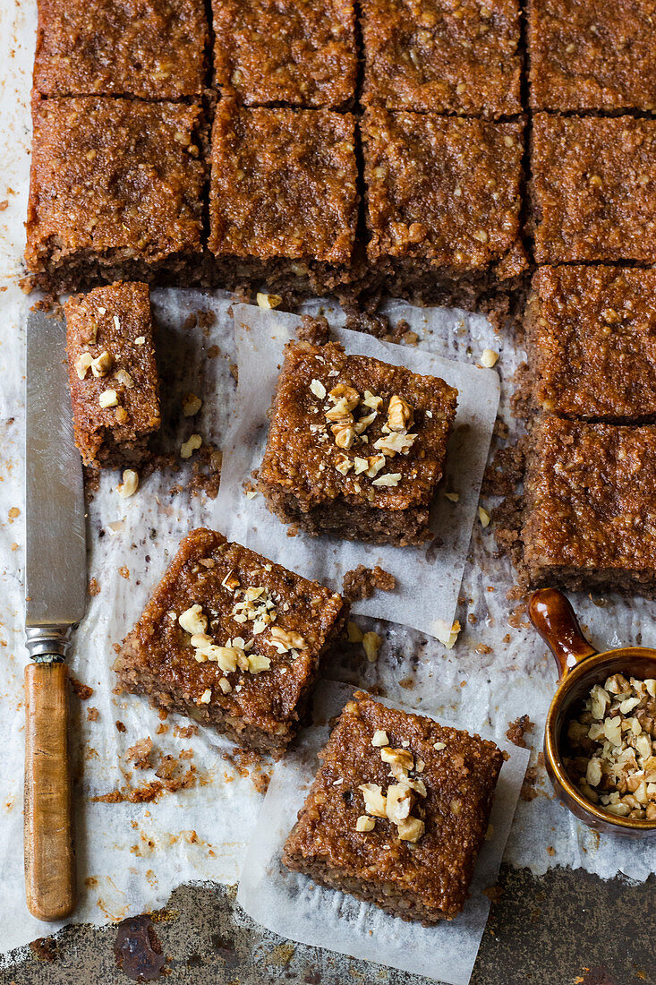 Greek walnut cake, chopped walnuts