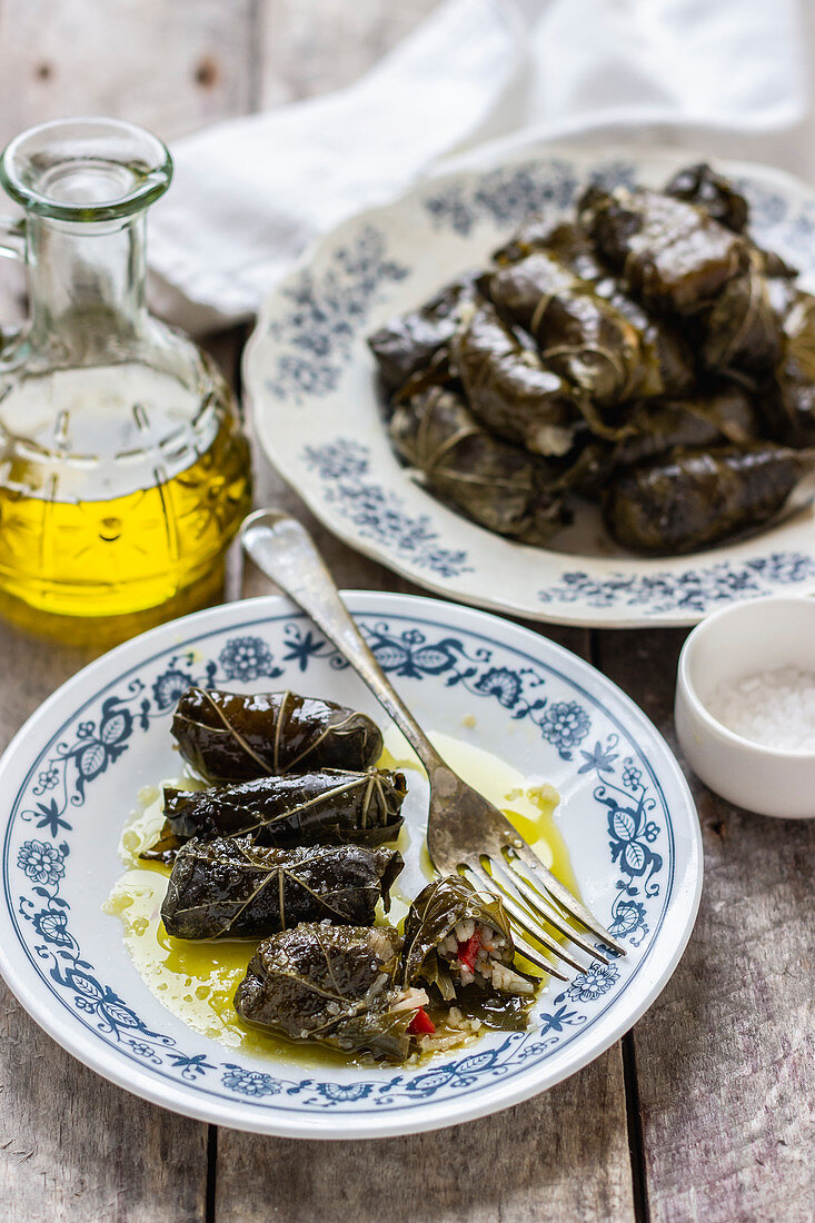 Greek domlades from wine leaves, salt, olive oil