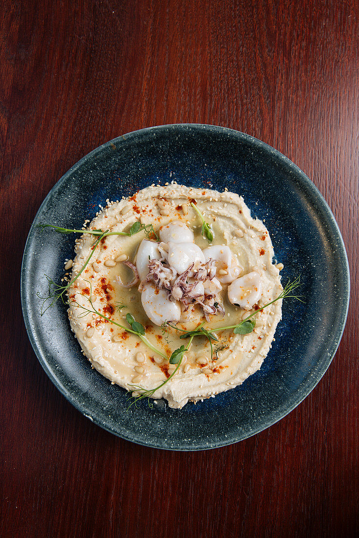 Hummus with tiny octopus and calamari garnished with paprika and pine nuts