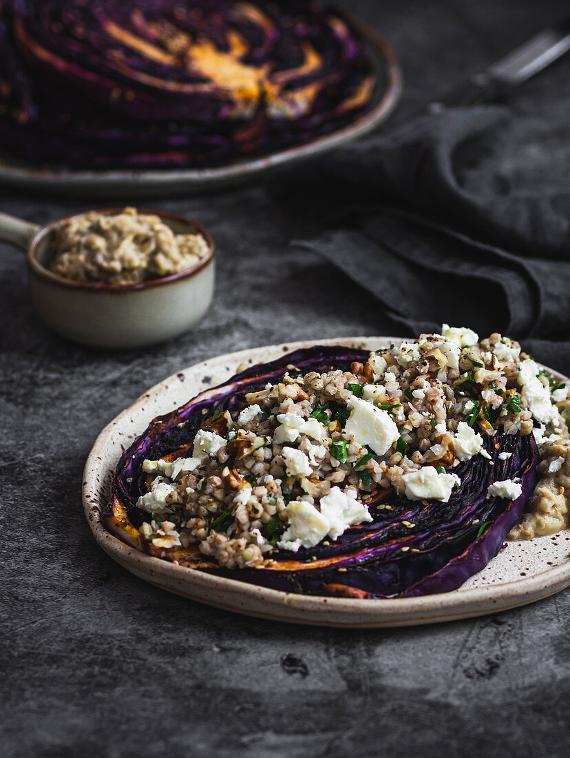 Vegeterian red cabbage 'steak' with feta and buckwheat