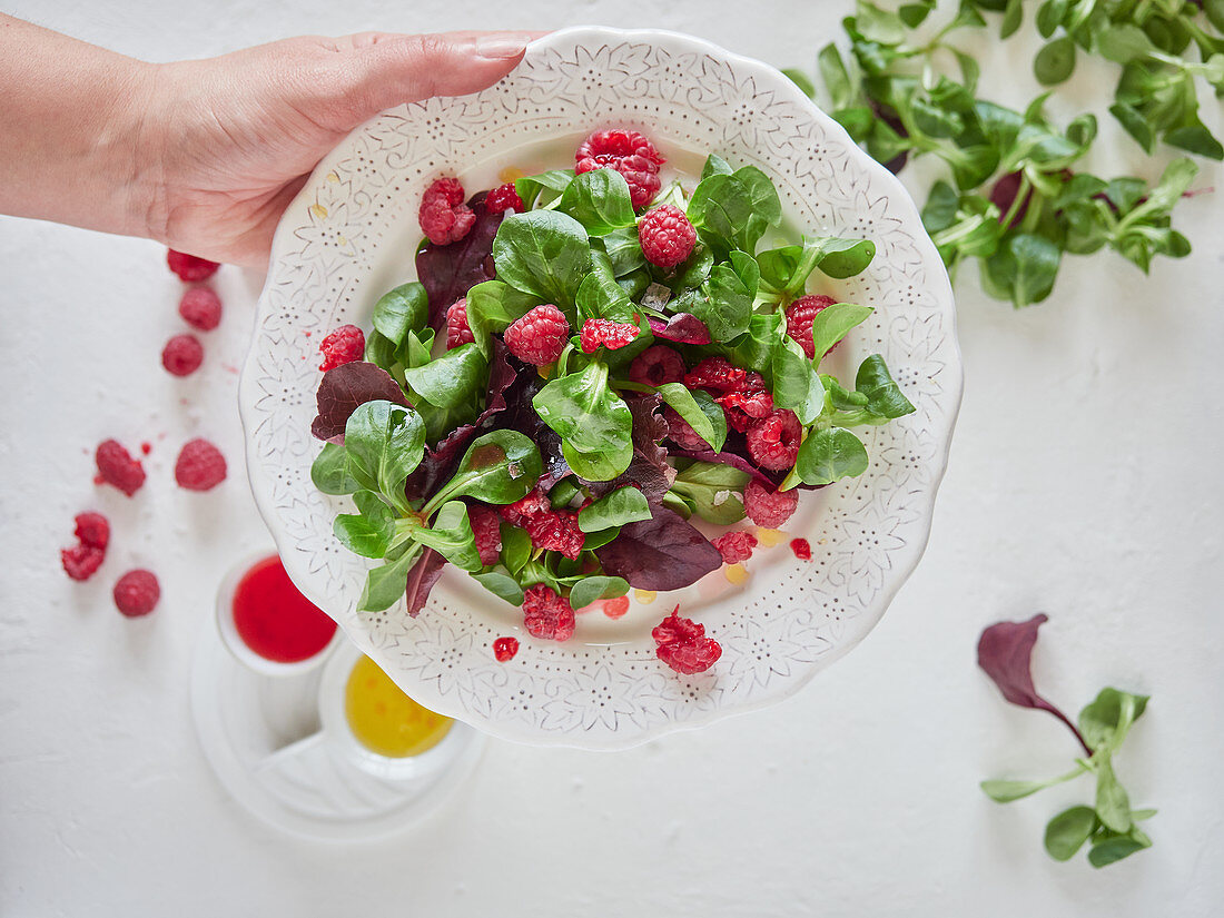 Person holding plate with raspberry and spinach salad