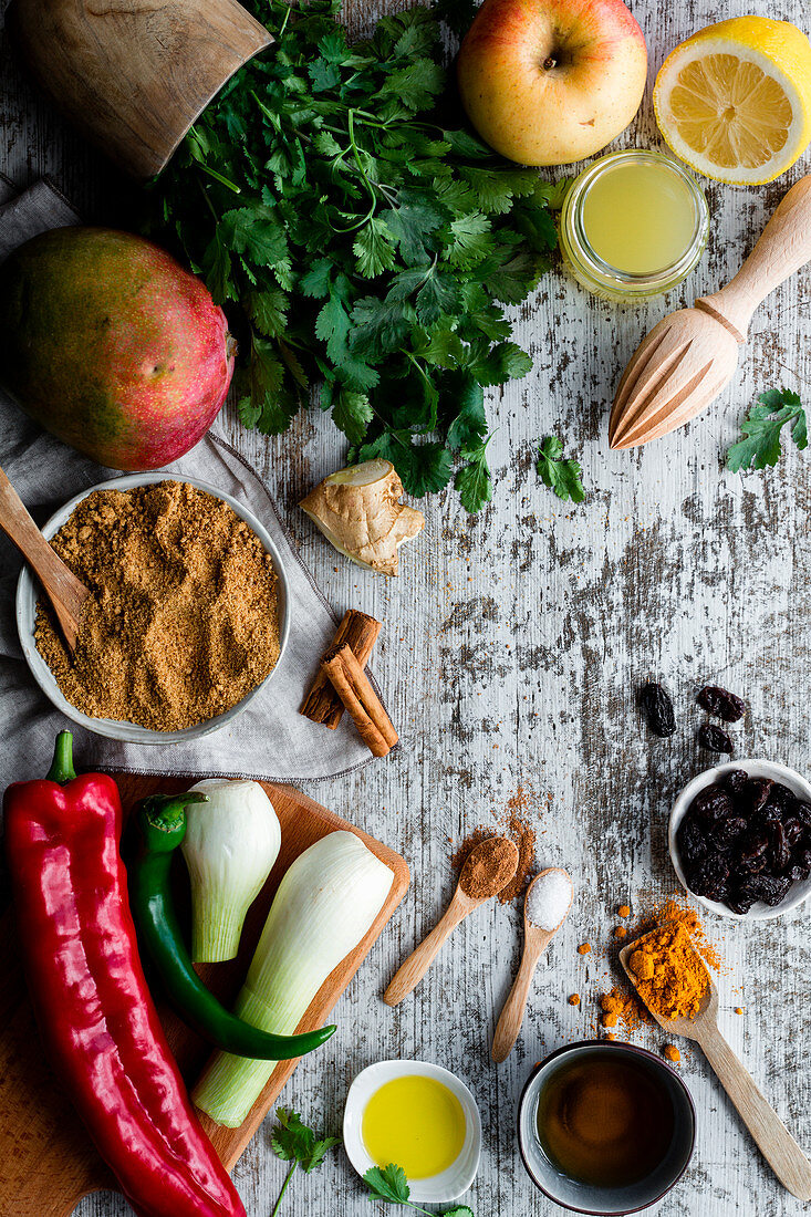 Various ingredients for chutney mango on table