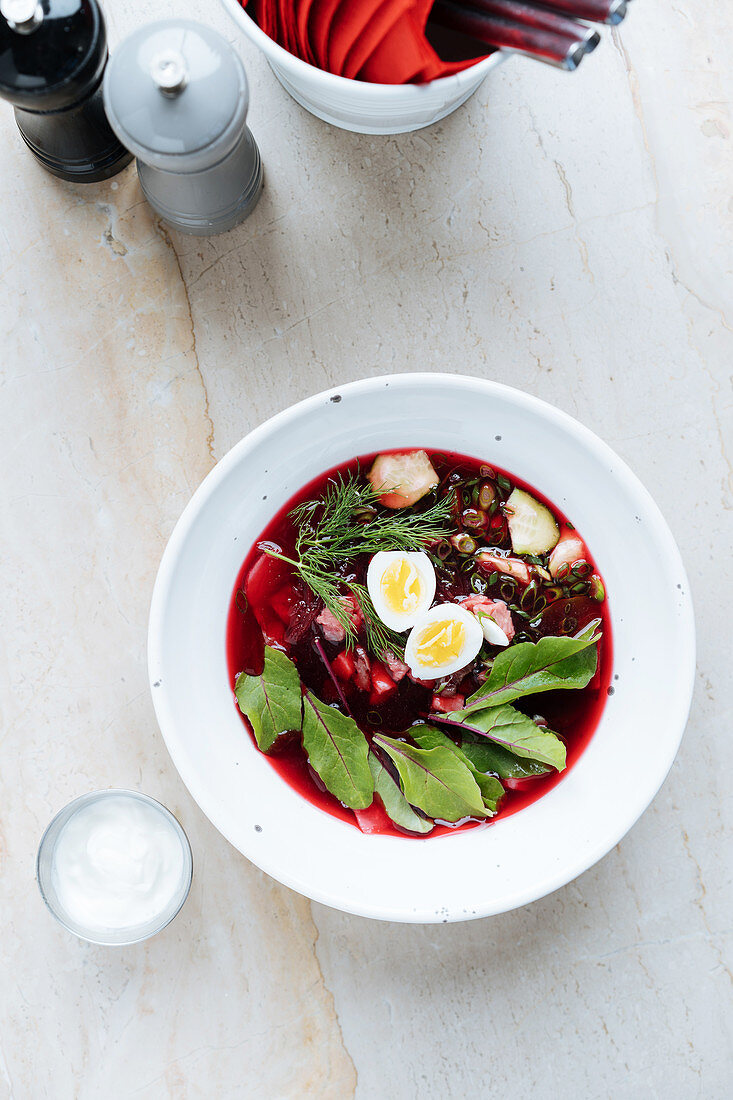 Palatable red beetroot soup with boiled eggs and herbs in