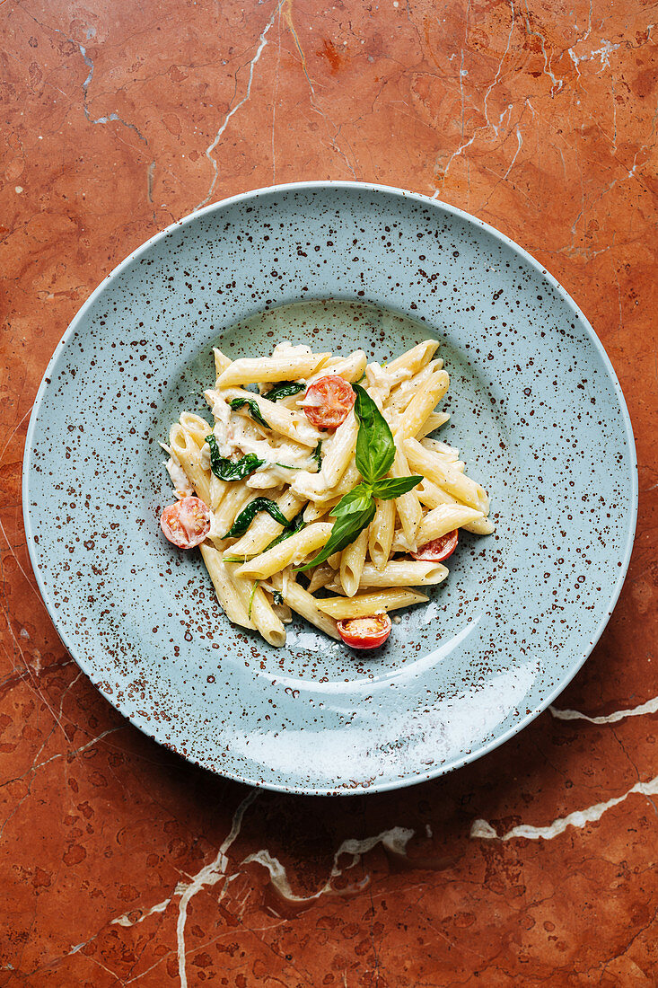 Pasta with pieces of cherry tomatoes and greenery