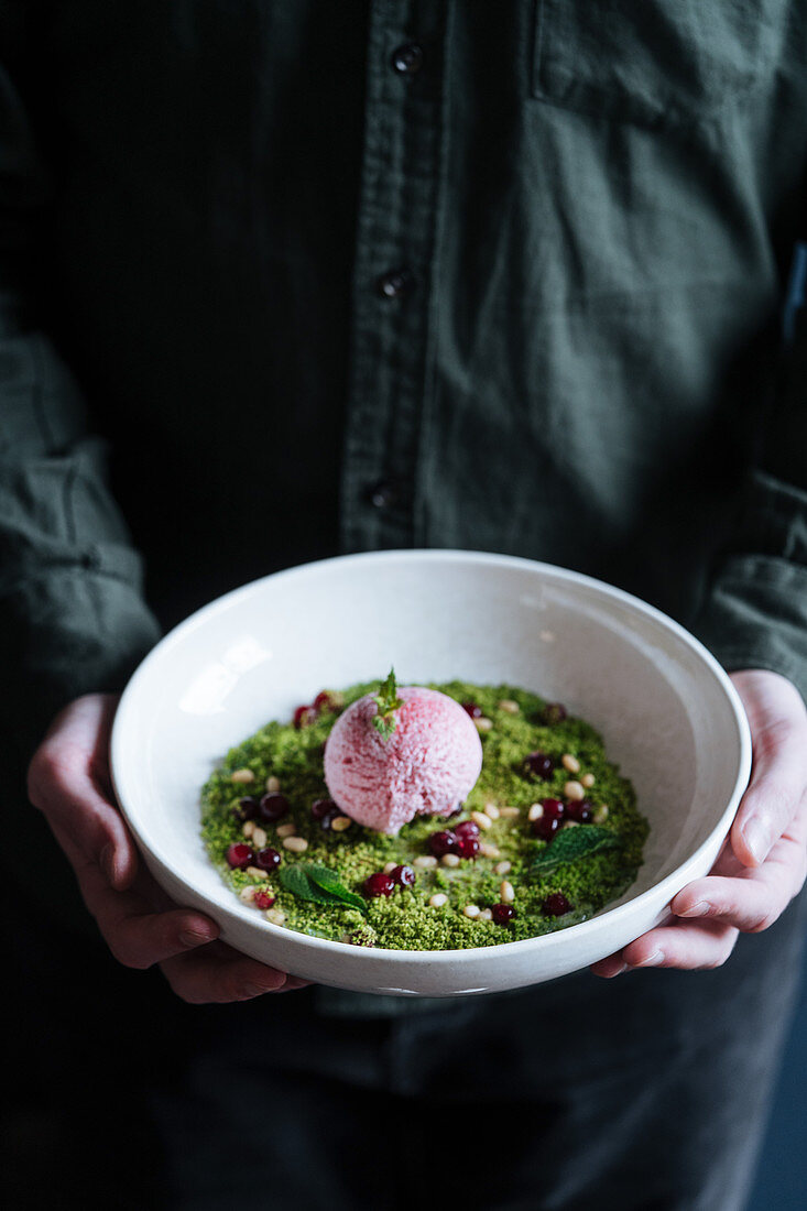 Hands holding a bowl with a scoop of purple ice cream on green mousse with nuts and fresh mint