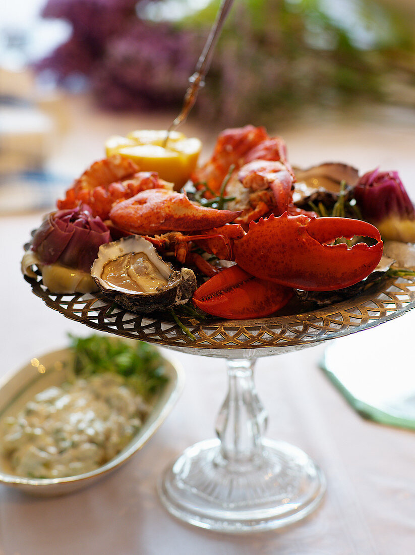 Festive seafood platter with lobster and oysters