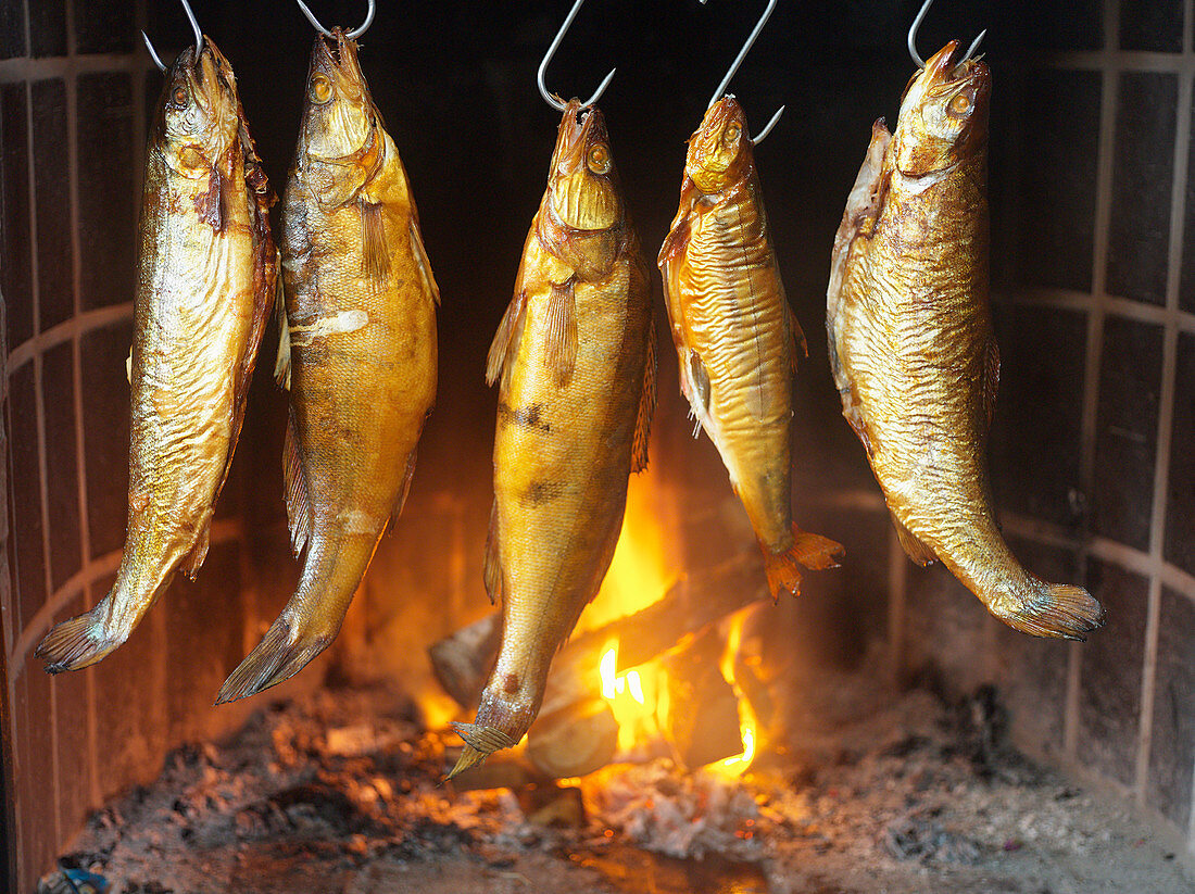 Geräucherte Fische am Haken