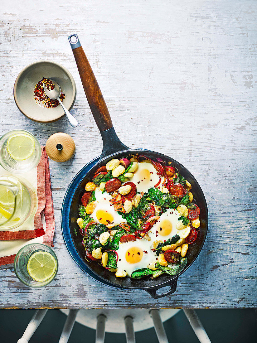 Butter bean, chorizo and spinach baked eggs