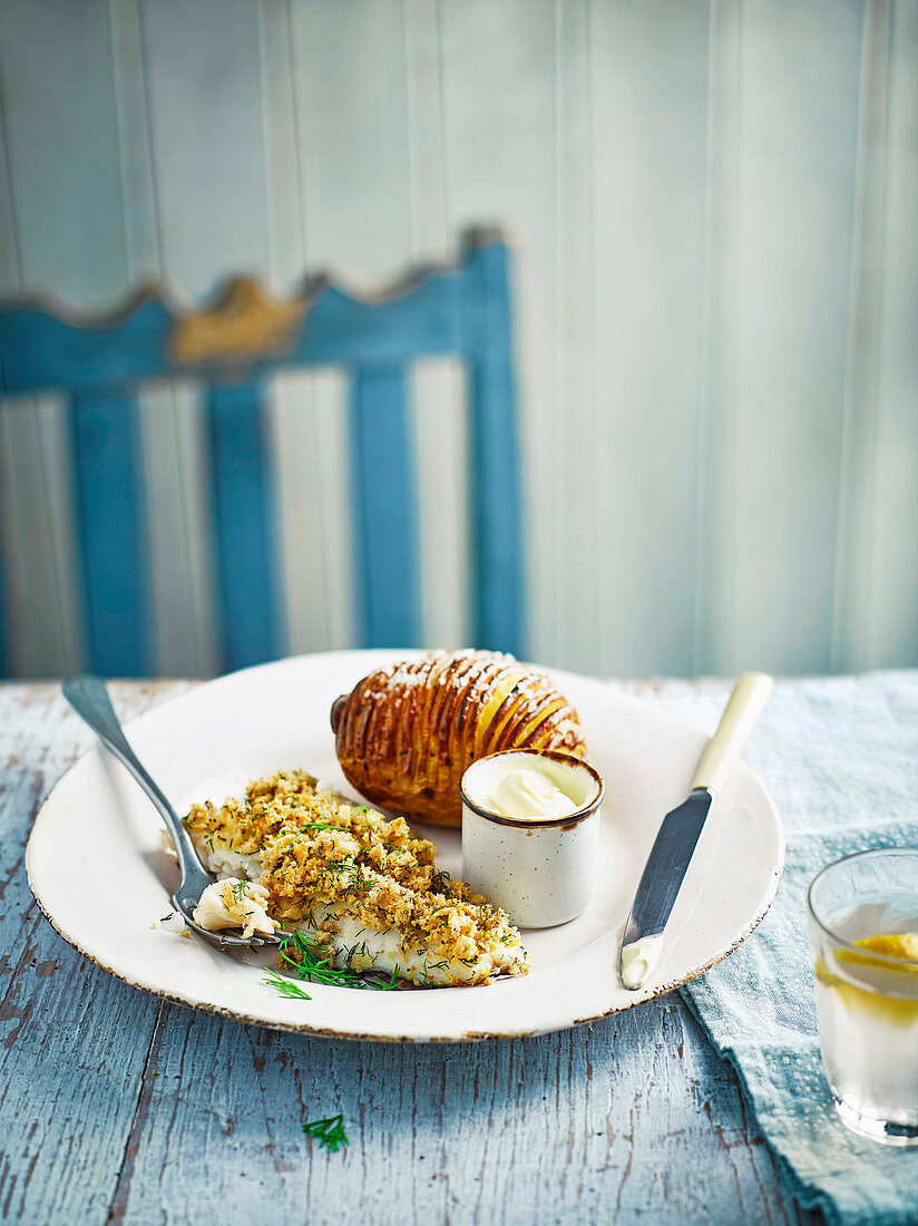 Cod with an orange and dill crumb and hasselback potato