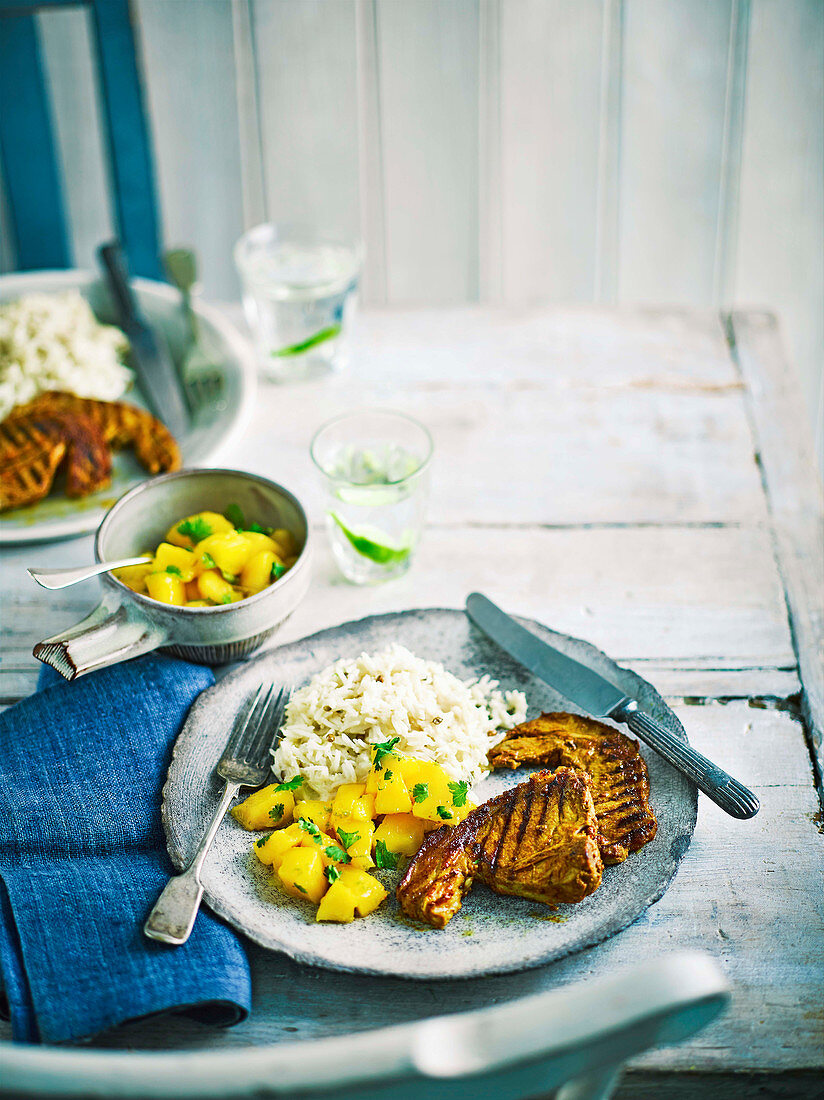 Spiced lamb chops with coconut rice and mango salsa