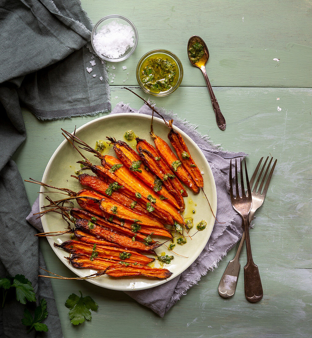 Roasted carrots with herb caper garlic pesto and sea salt