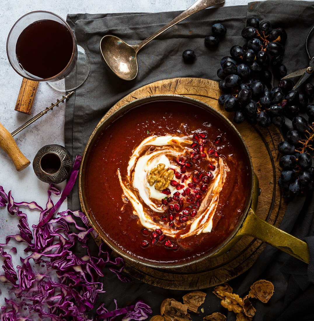 Red Cabbage and Tomato Soup with pomegranate yoghurt