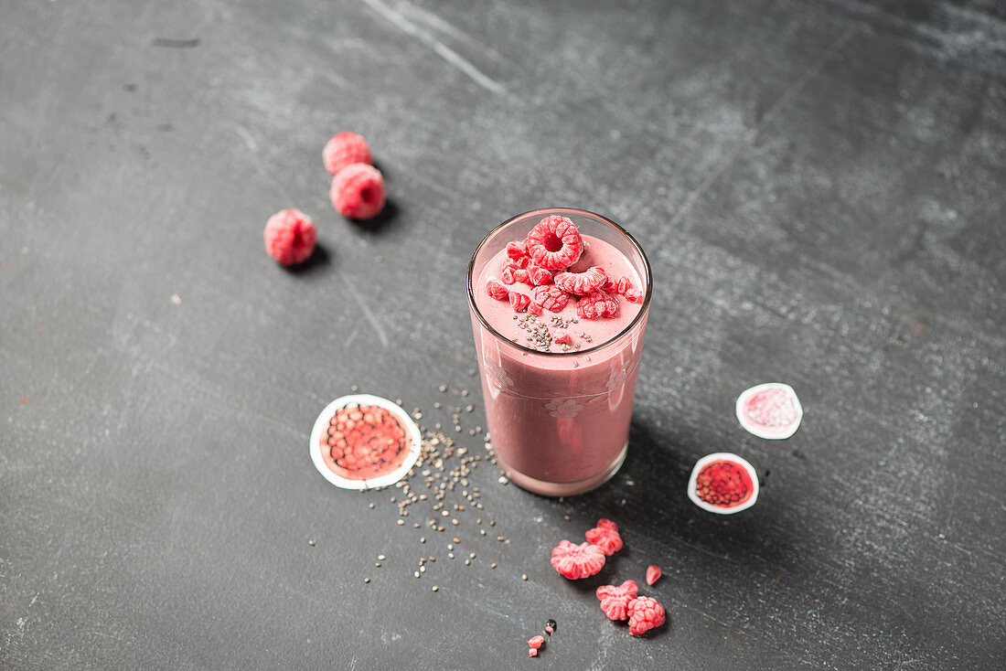 Fruit Smoothie in a Glass, Fresh Raspberries