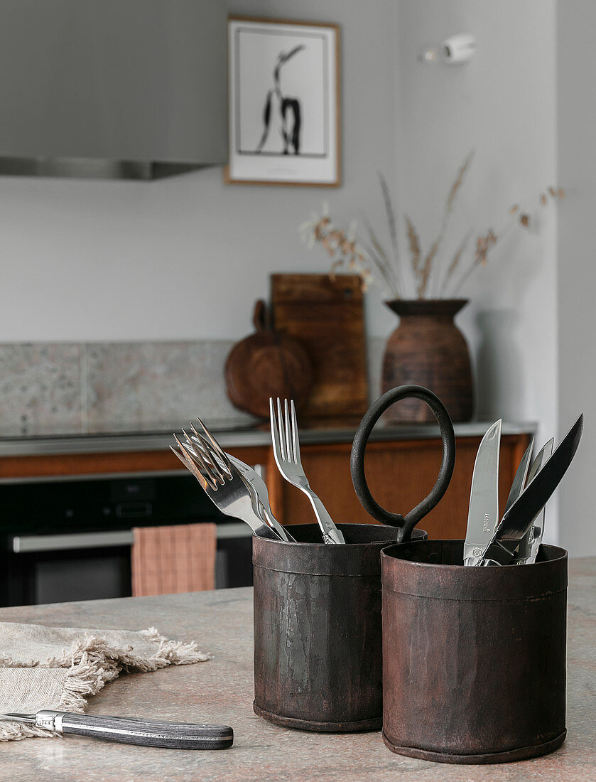 Cutlery in rustic metal containers in kitchen in natural shades