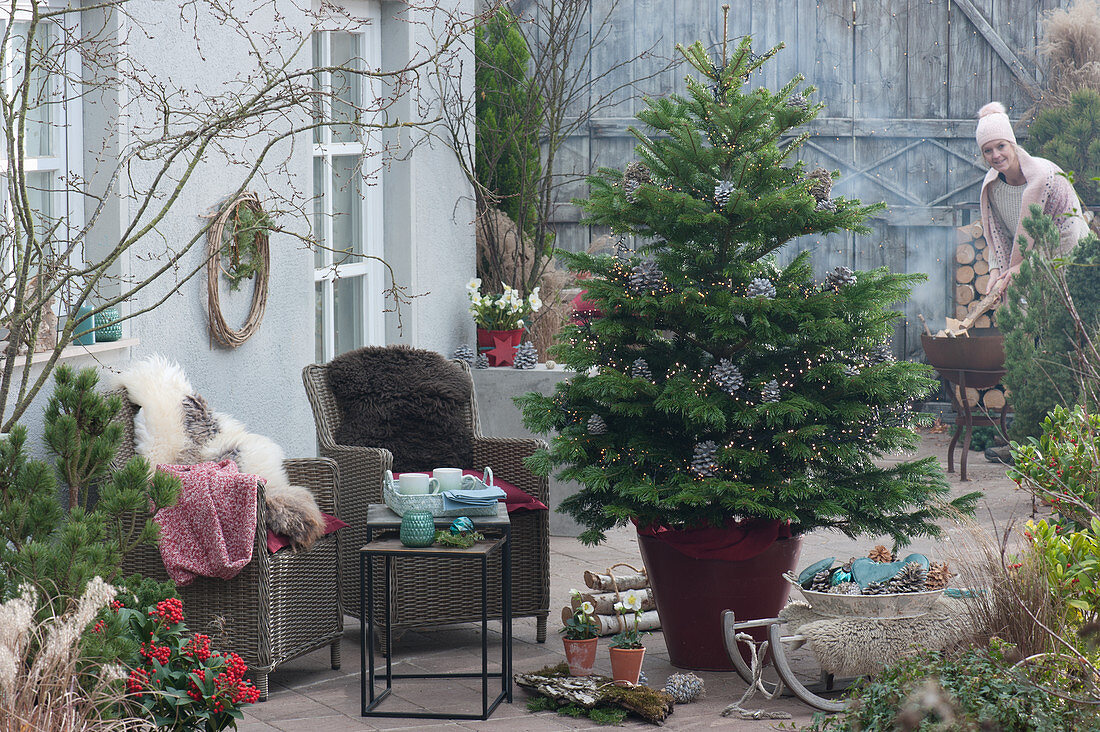 Christmas terrace with Nordmann fir as a Christmas tree, wicker armchairs with fur as seats, woman fiddling with fire bowl