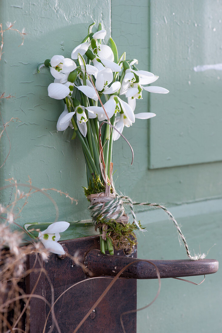 Small bouquet of snowdrops placed on the door handle