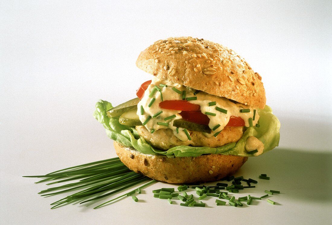 Chicken burger with chive dressing granary roll