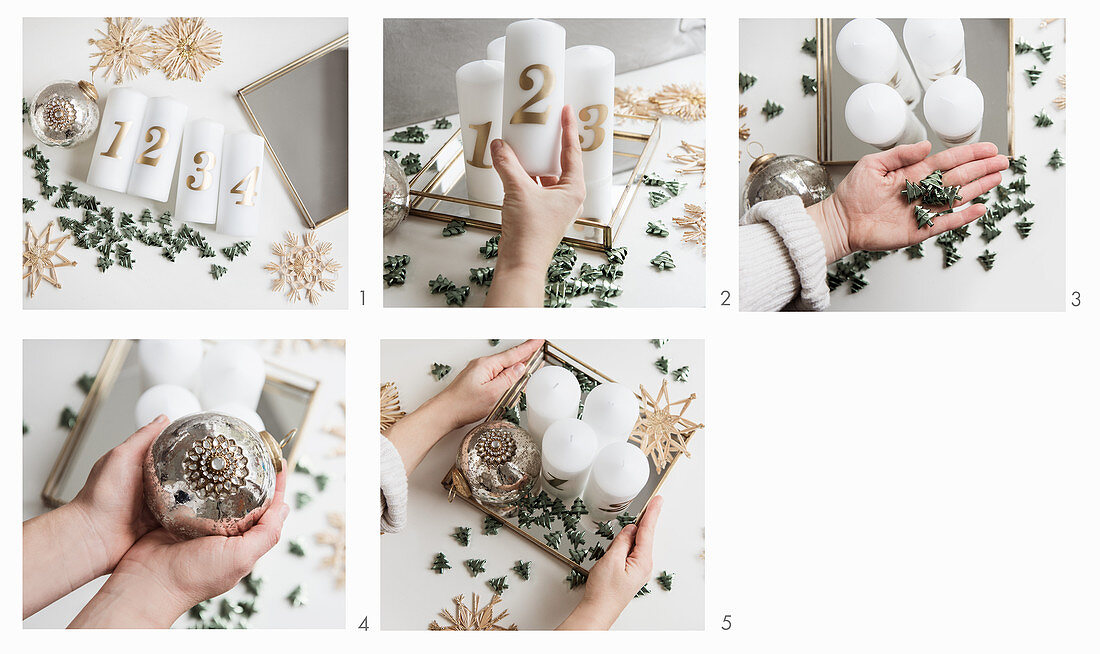 Instructions for making Advent arrangement of candles, bauble, scattered decorations and straw stars