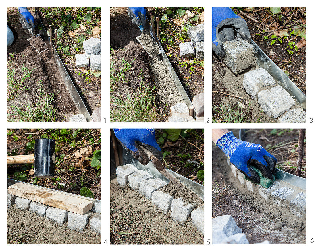 Instruction for making DIY metal and stone edging around flowerbed