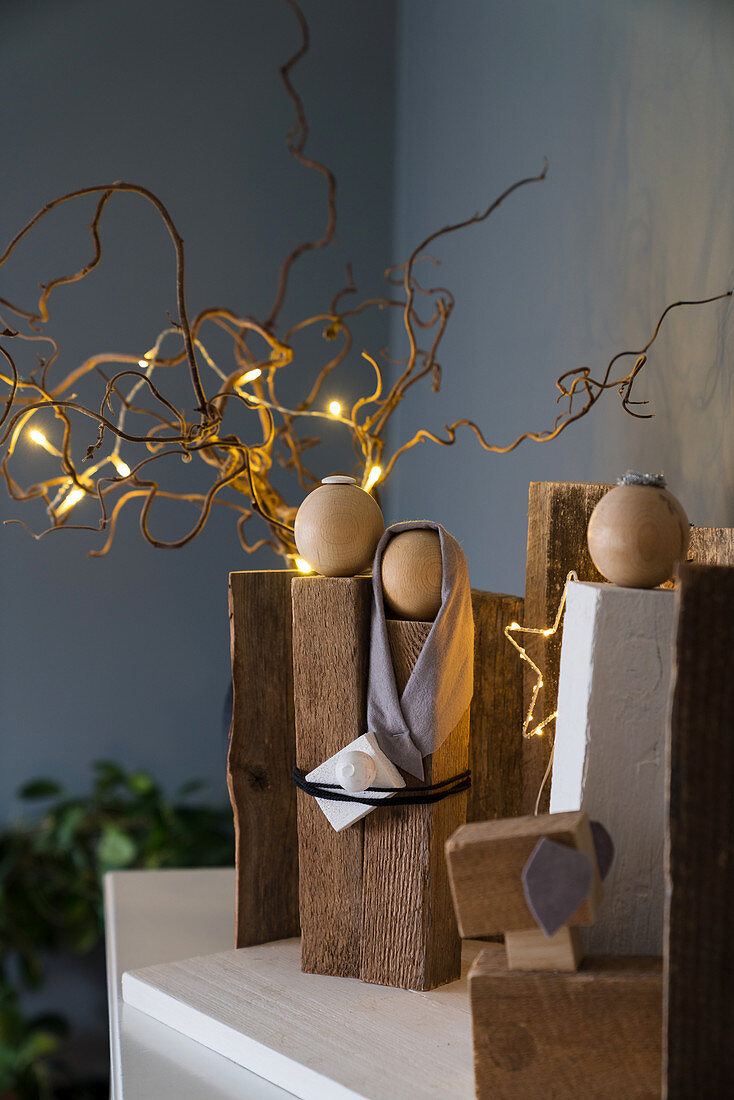 Nativity set handmade from wooden blocks and balls