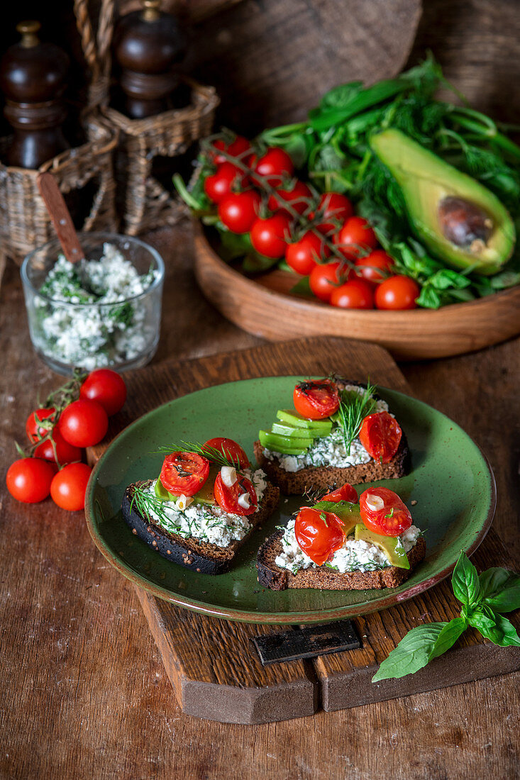 Cottage cheese avocado toast with roasted cherry tomatoes