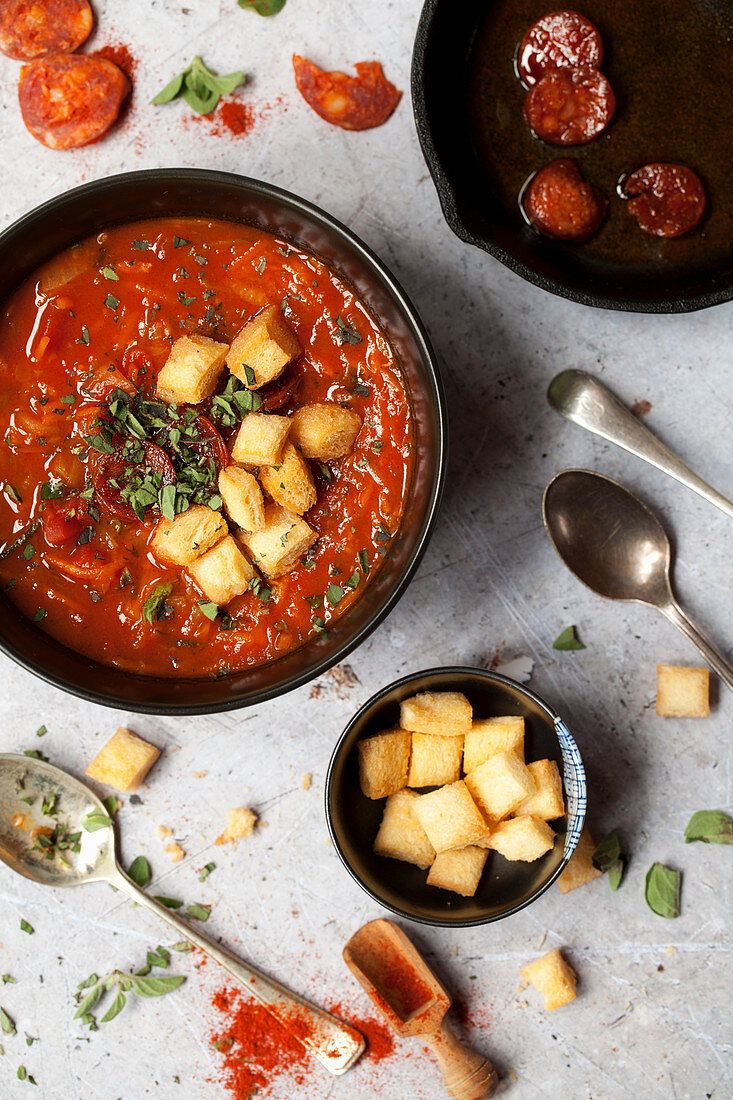 Tomato soup with chorizo and fried croutons