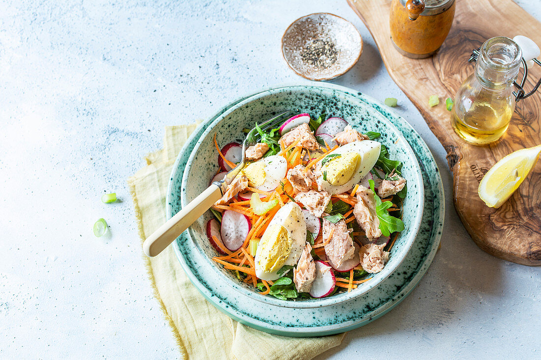 Buddha bowl with salmon and eggs