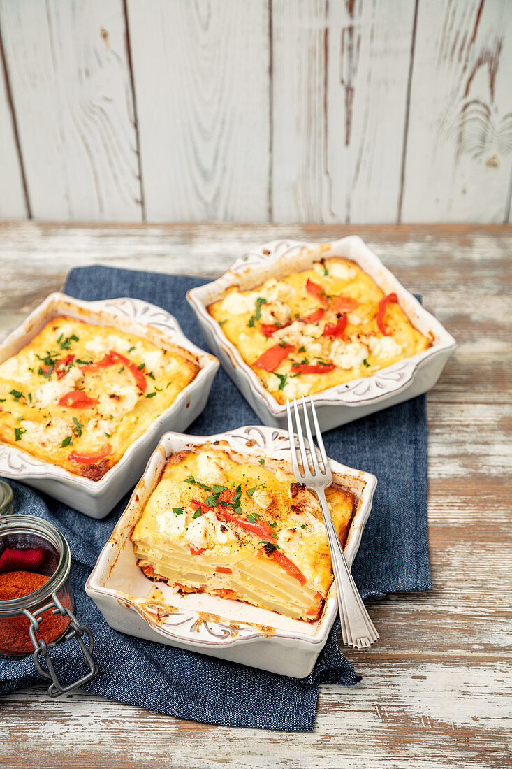 Potato tortilla with pepper and feta