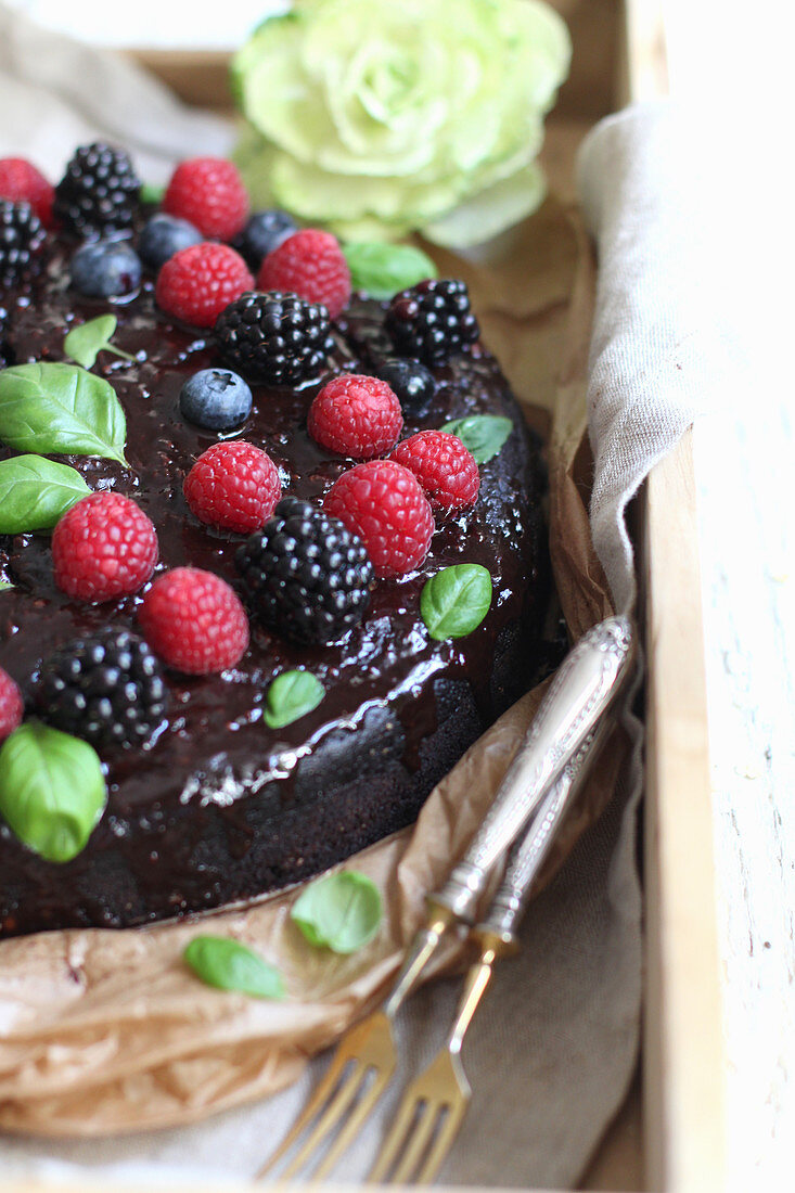 Vegan chocolate cake with berries
