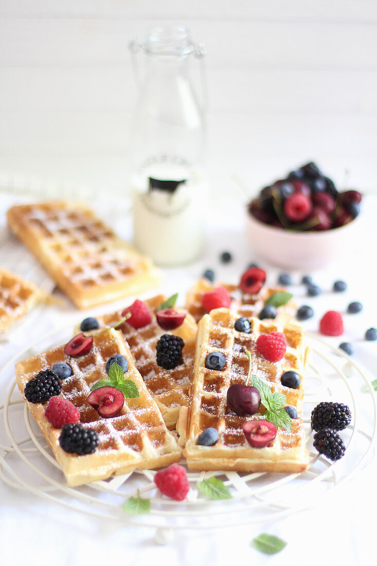 Waffles with berries and cherries