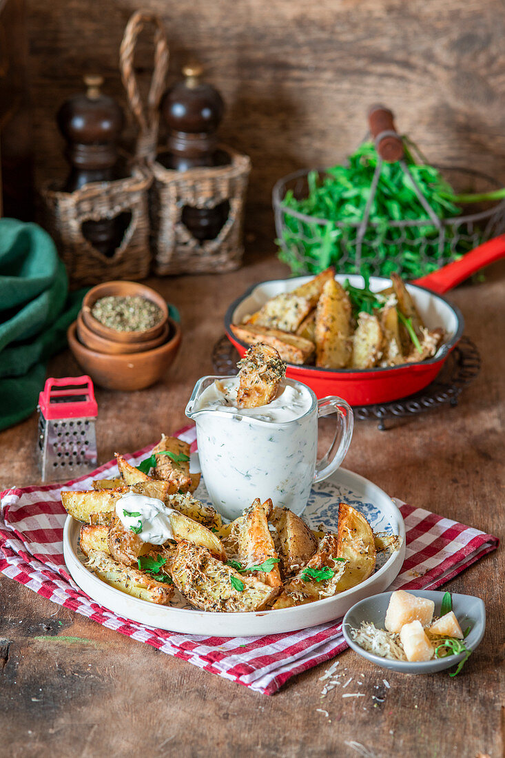 Baked potato wedges with sour cream and parmesan crust