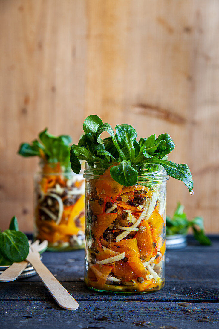Pumpkin salad with celeriac, lentils and lamb's lettuce in a jar